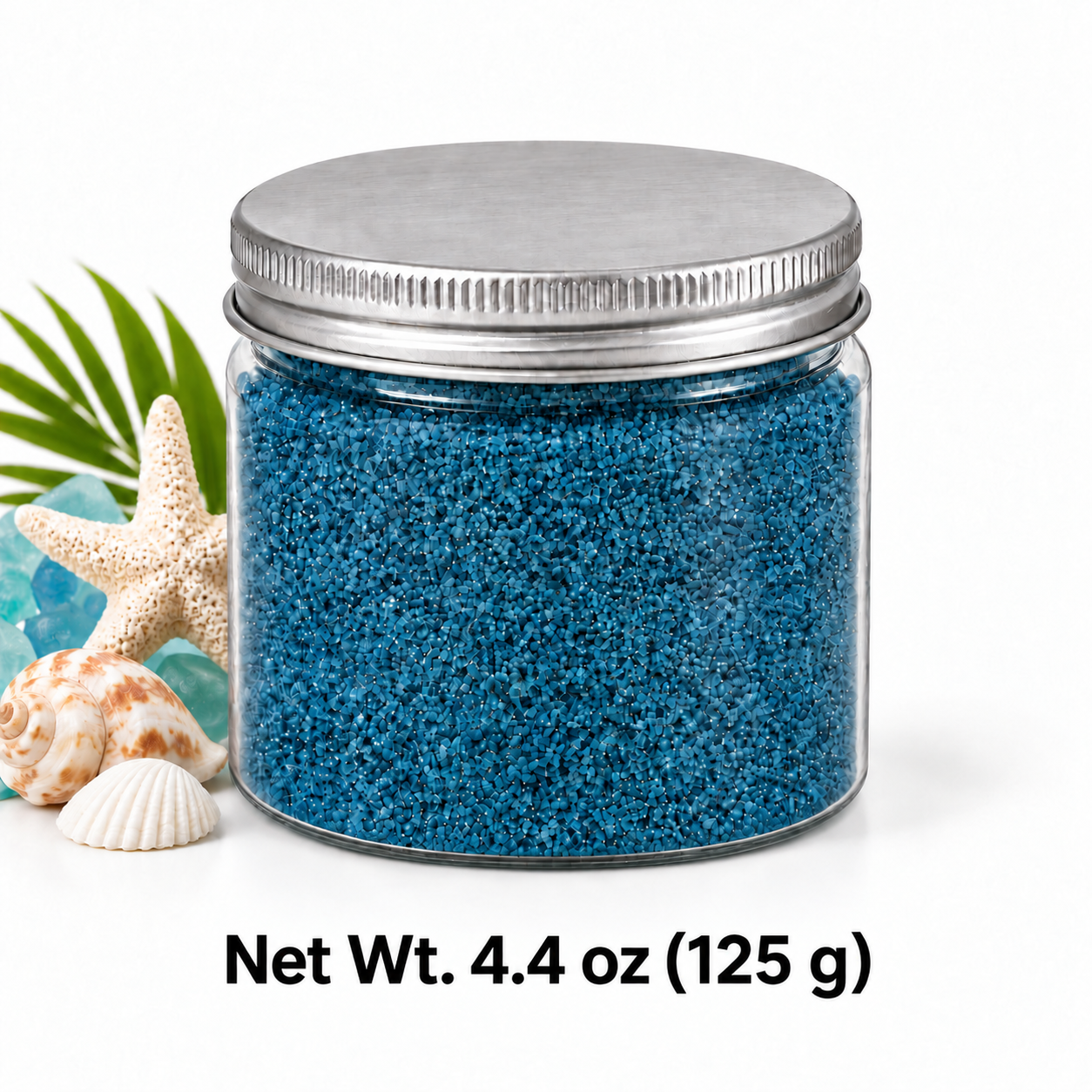 Clear jar of Blue Lagoon quartz sand