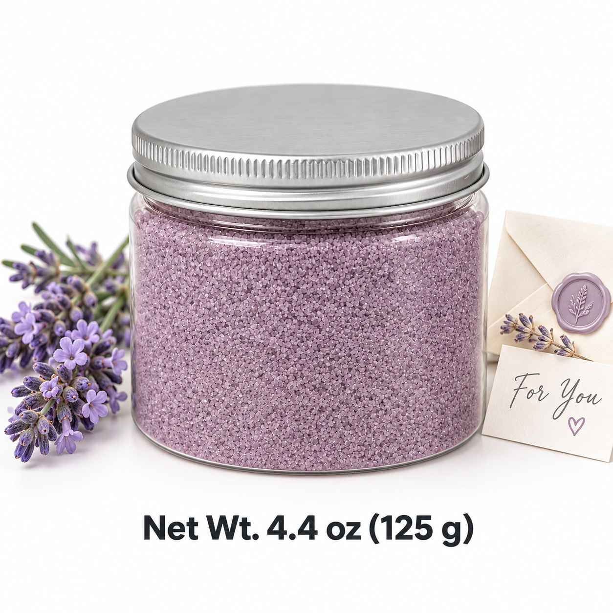Clear jar of Lavender Mist quartz sand