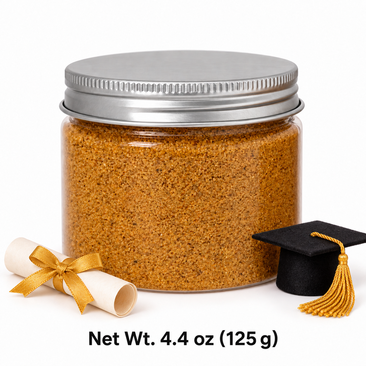 Clear jar of Amber Gold quartz sand