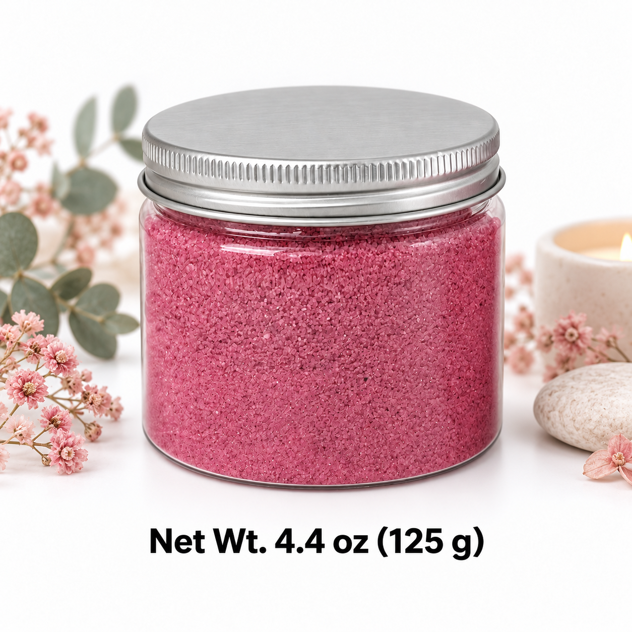 Clear jar of Raspberry Bloom quartz sand