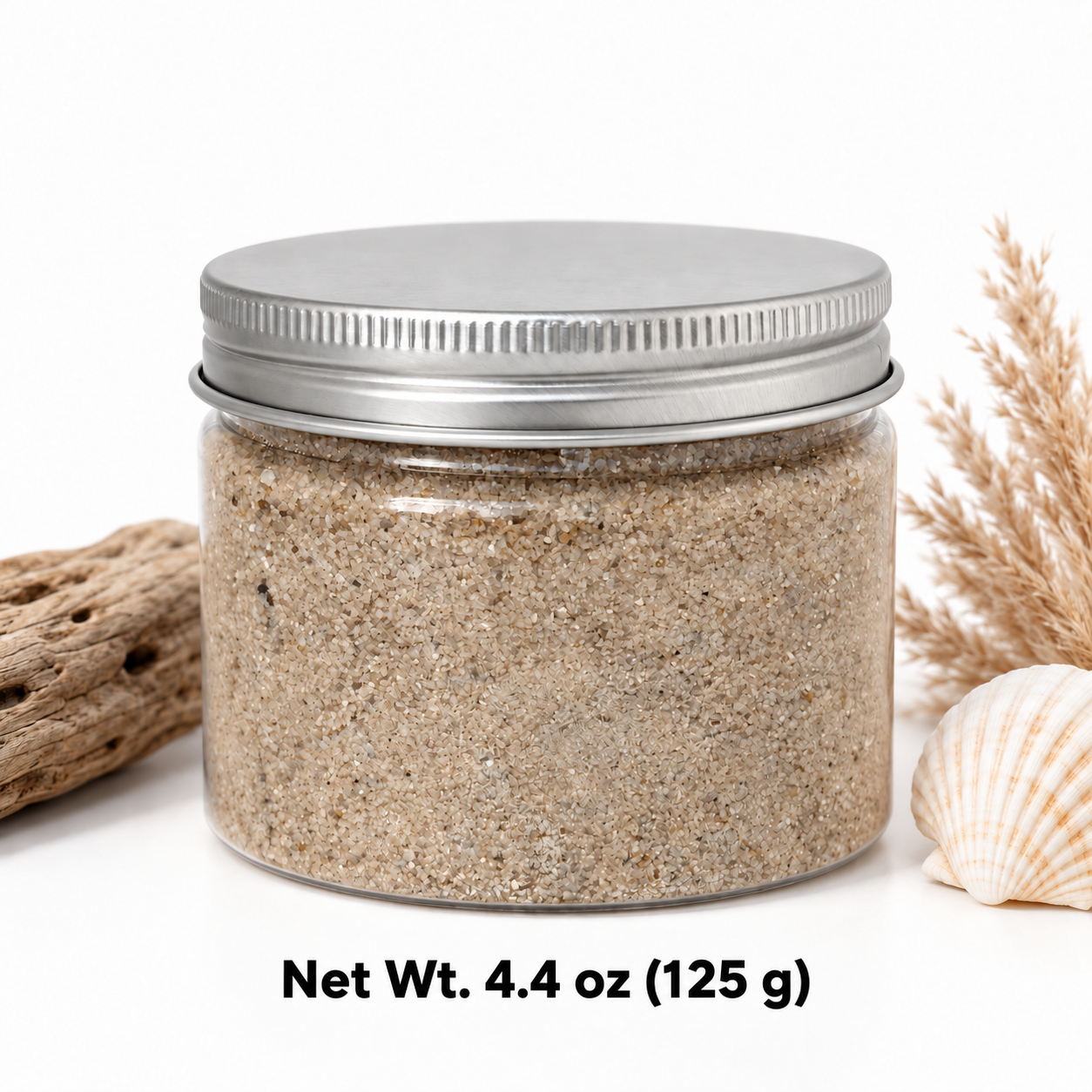 Clear jar of Coastal Beige quartz sand