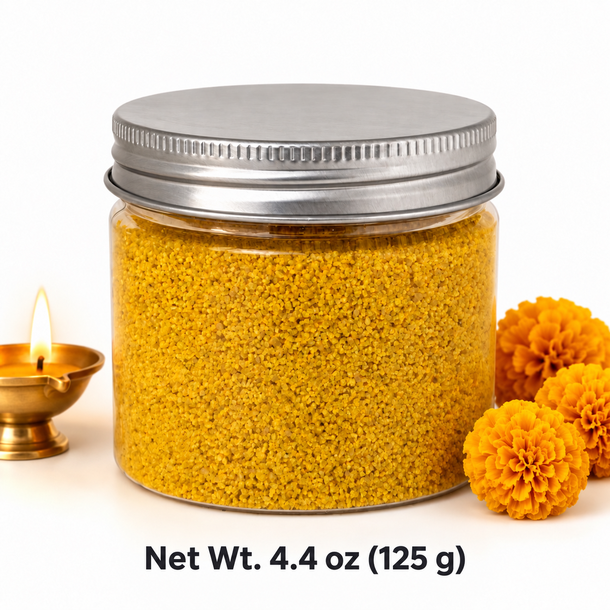 Clear jar of Golden Saffron quartz sand